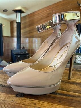 Jessica Simpson Nude Patent Platform Pumps with Metallic Ankle Strap